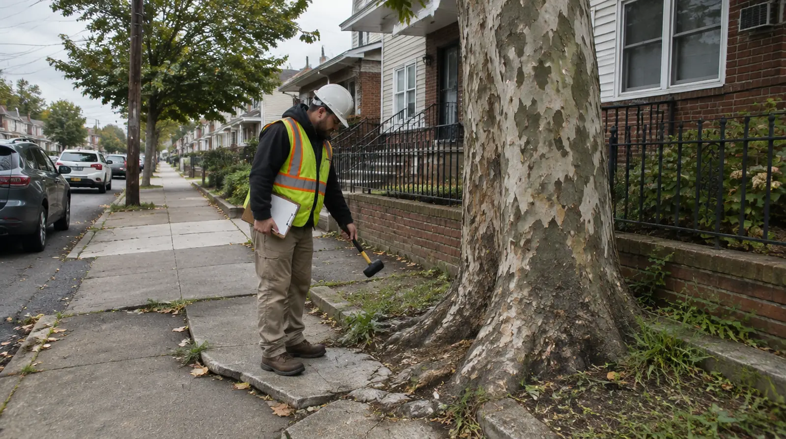 Arborist inspecting the trunk of a large London plane tree in a Bayonne, NJ yard