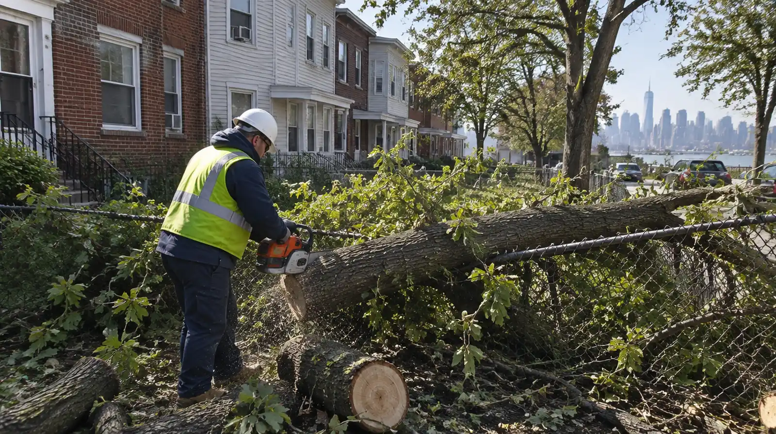 Crew clearing a storm-fallen tree in Bayonne, NJ