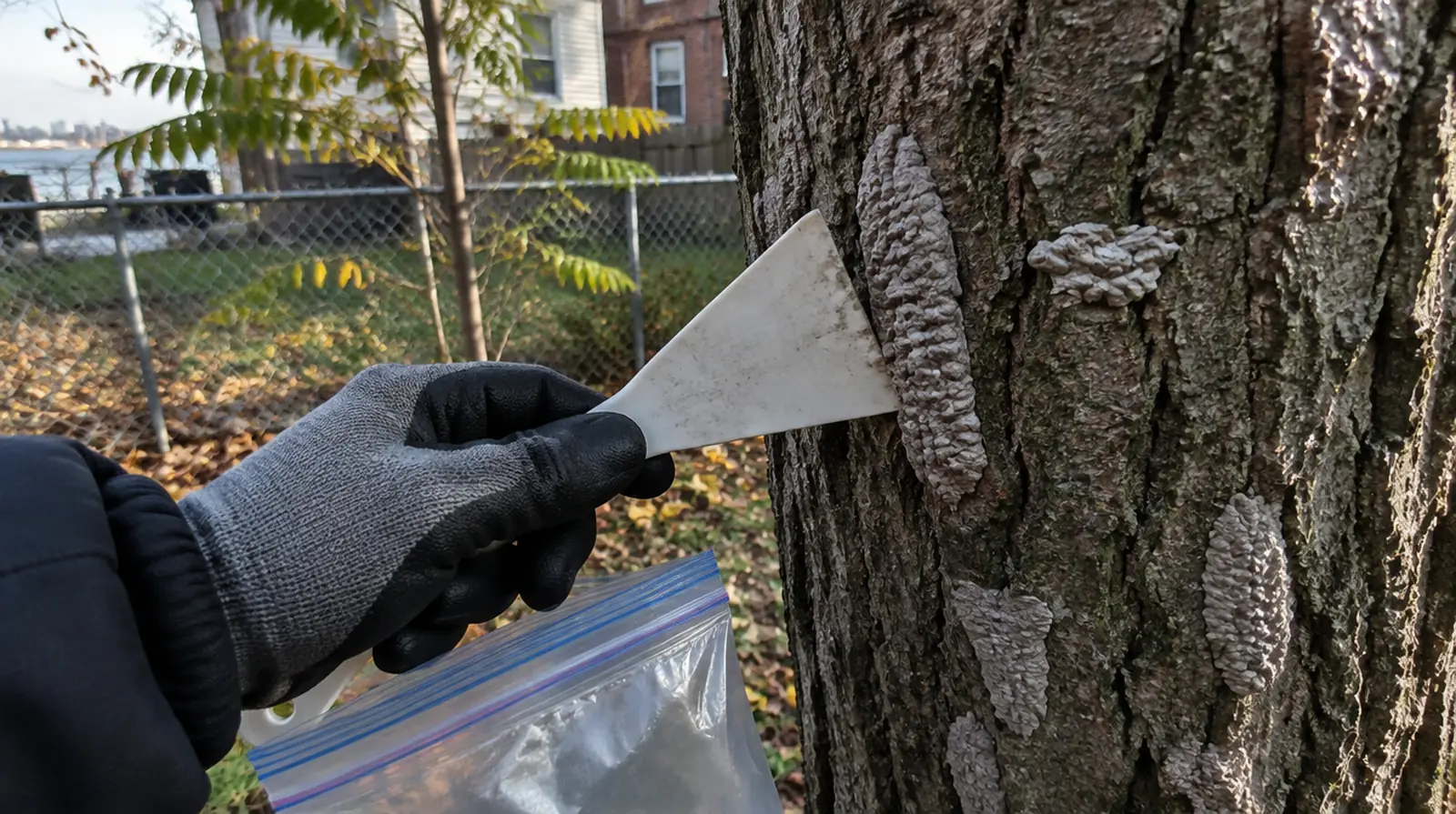 Spotted lanternfly egg masses on tree bark checked during an assessment in Bayonne, NJ