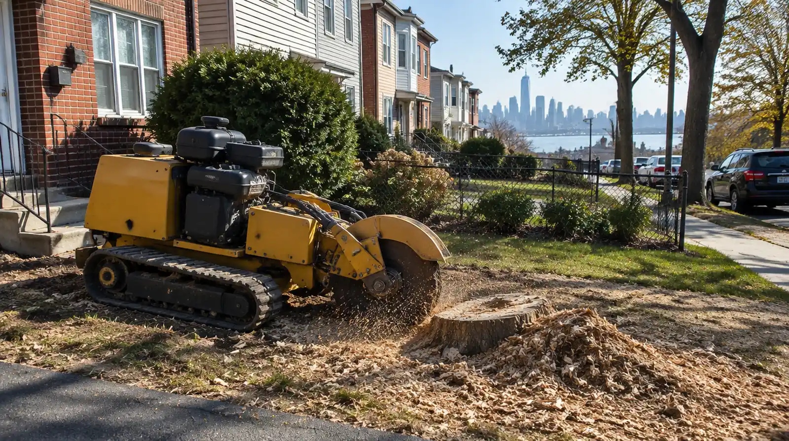Stump grinder removing a tree stump in Bayonne, NJ