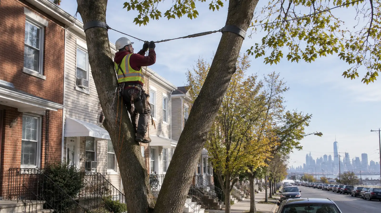 Arborist installing tree cabling in Bayonne, NJ