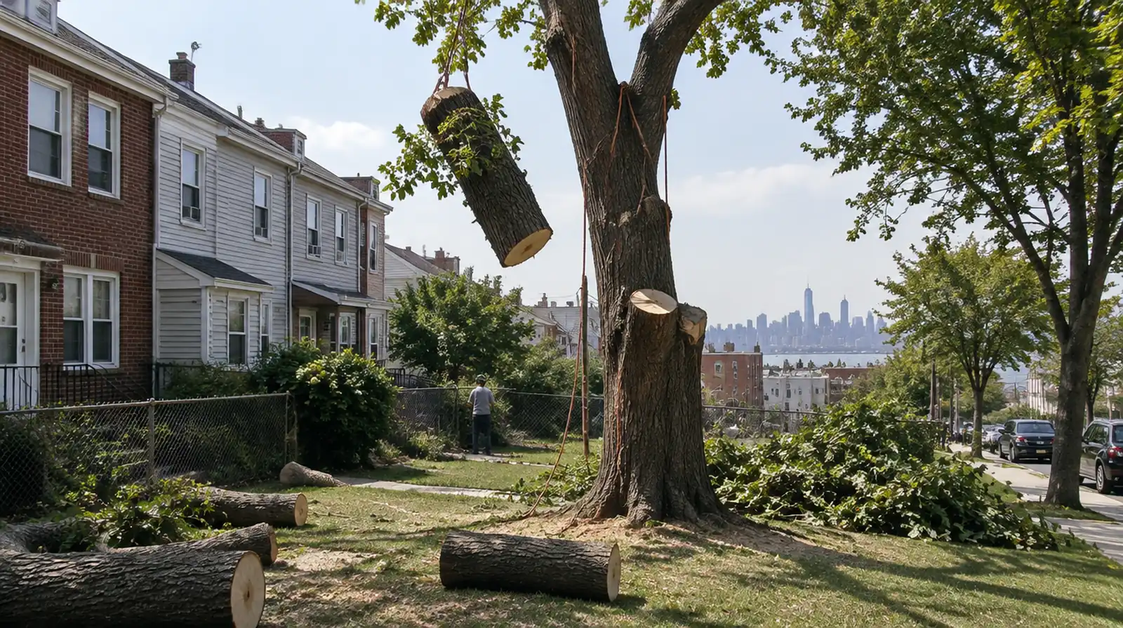 Tree being removed in sections in Bayonne, NJ