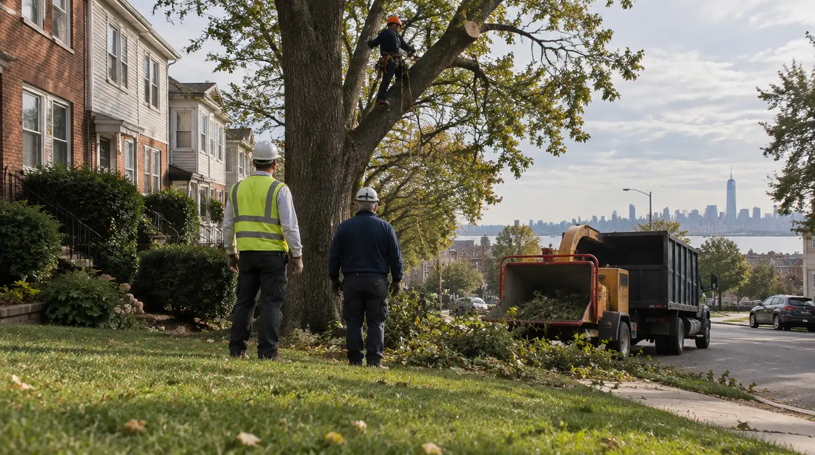 Tree service crew trimming a tree beside a home in Bayonne, NJ