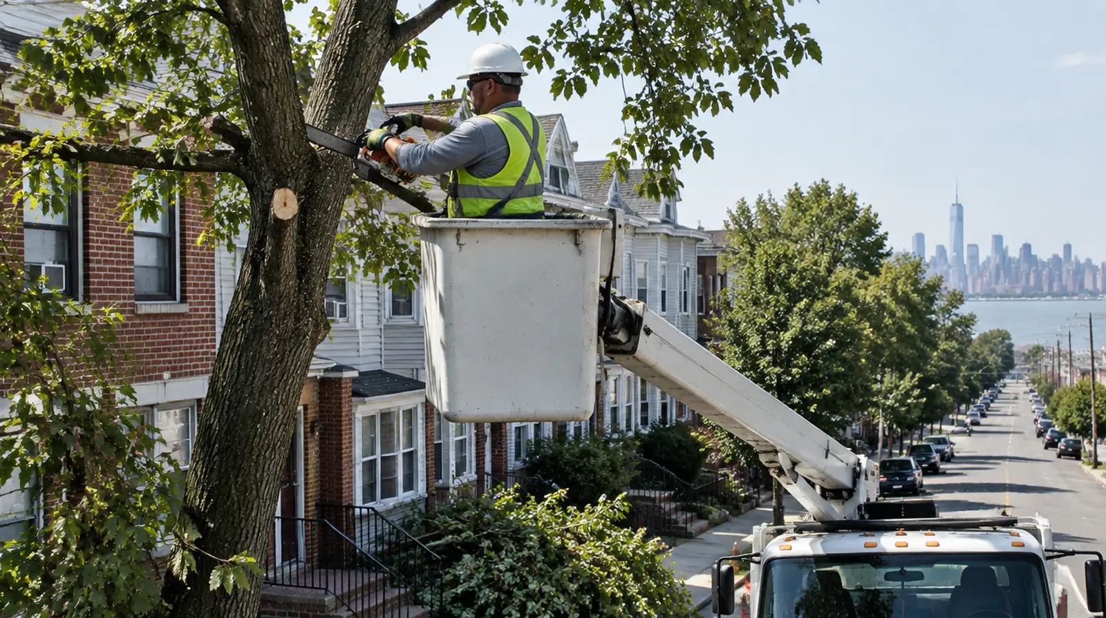 Arborist trimming tree branches from a bucket lift in Bayonne, NJ